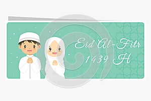 Happy Eid Al-Fitr Greeting Banner, Muslim Kids Vector Design