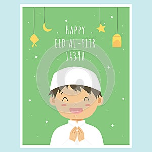 Happy Eid Al-Fitr Greeting Card, Muslim Boy Vector Design