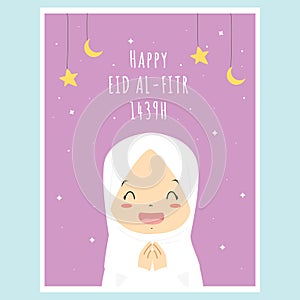 Happy Eid Al-Fitr Greeting Card, Muslim Girl Vector Design