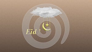 Happy Eid Mubarak animated wishing video message. Hanging 3d moon and star with chains under clouding