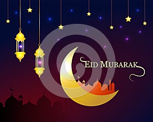 Happy Eid Mubarak festive greeting card with moon and stars. Golden shiny background with lantern and mosque for brochur