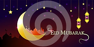Happy Eid Mubarak festive greeting card with moon and stars. Golden shiny background with lantern and mosque for brochur