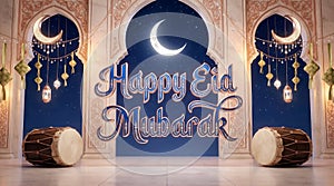 Happy Eid Mubarak Greeting with Crescent Moon and Decorative Lanterns
