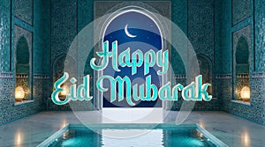 Happy Eid Mubarak Greeting Inside Blue Mosque Hall with Crescent Moon
