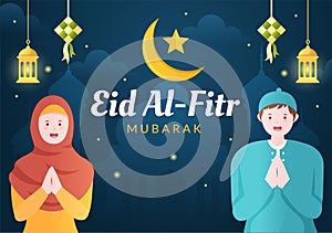 Happy Eid ul-Fitr Mubarak Background Illustration. Muslim People Celebrating with Shaking Hands Wishing Each Other and Apologize