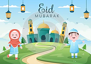 Happy Eid ul-Fitr Mubarak Background Illustration. Muslim People Celebrating with Shaking Hands Wishing Each Other and Apologize