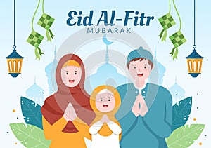 Happy Eid ul-Fitr Mubarak Background Illustration. Muslim People Celebrating with Shaking Hands Wishing Each Other and Apologize