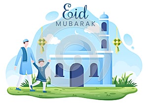 Happy Eid ul-Fitr Mubarak Background Illustration. Muslim People Celebrating with Shaking Hands Wishing Each Other and Apologize