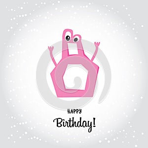 Happy eighth Birthday postcard. Pink number seven and Happy Birthday calligraphy lettering elements. Cartoon flat vector design.