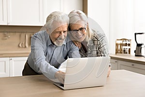 Happy elder husband and wife using online application on laptop
