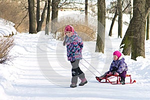 Happy elder sister pulling her young sister on the sleds in snowy winter park