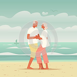 Happy elderly couple dancing on the beach. Seniors on vacation at sea. Mature man and woman are actively spending time