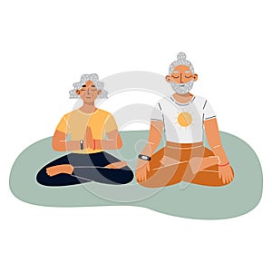 Happy elderly couple doing yoga. Lotus pose. Old man and woman practicing yoga.