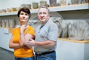 Happy elderly couple examining exposition in museum hall of ancient sculpture