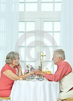 Happy elderly couple having dinner