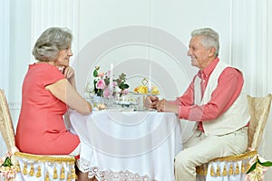 Happy elderly couple having dinner