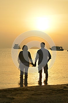 Happy elderly couple holding hands at tropical beach at sunset