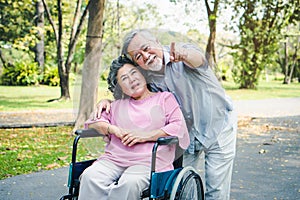Happy elderly couple with lifestyle after retiree concept. Lovely asian seniors couple embracing together in the park.