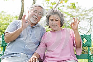 Happy elderly couple with lifestyle after retiree concept. Lovely asian seniors couple embracing together in the park.