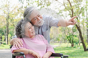 Happy elderly couple with lifestyle after retiree concept. Lovely asian seniors couple embracing together in the park.