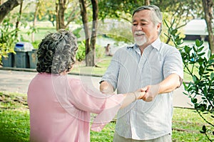 Happy elderly couple with lifestyle after retiree concept. Lovely asian seniors couple embracing together in the park.