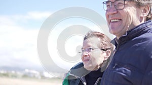 A happy elderly couple is looking at the sea.