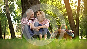 Happy elderly couple sitting on grass and enjoying romantic date, picnic in park