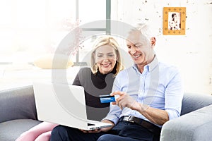 Happy elderly couple using bank card and notebook while shopping online