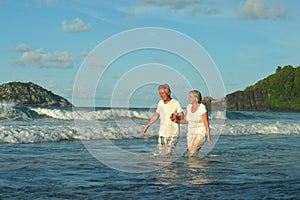 Happy elderly couple walking