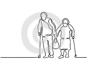 Happy elderly couple walking with bag