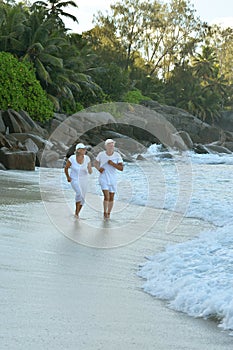 Happy elderly couple walking on tropical beach