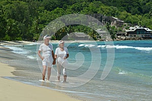 Happy elderly couple walking on tropical beach