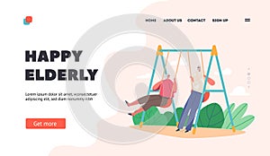Happy Elderly Landing Page Template. Old Man and Woman Swing, Elderly Couple Characters Having Fun on Flip-Flap