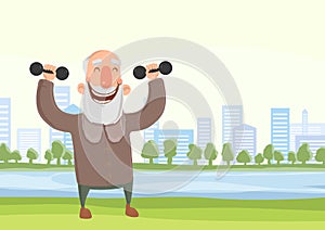 Happy elderly man doing morning sports exercises with dumbbells in city park. Active lifestyle and sport activities in