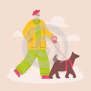 Happy  elderly man  walking with dog in cold winter park. Walk Your Dog Month.  Outdoor activity with pet. Trendy vector