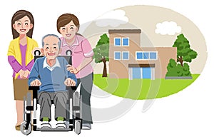 Happy elderly man in wheelchair with his family and nurse