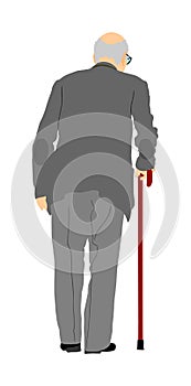 Happy elderly senior walking alone vector isolated on white . Old man person with stick.