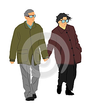 Happy elderly seniors couple holding hands together vector illustration isolated. Old man person walking.