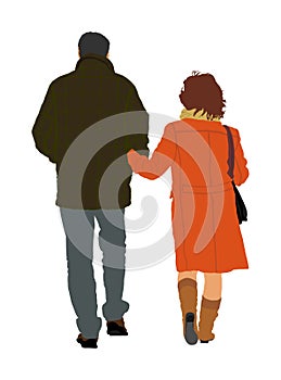 Happy elderly seniors couple holding hands together vector illustration isolated. Old man person walking.
