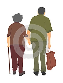 Happy elderly seniors couple holding hands together vector illustration isolated. Old man person walking with stick