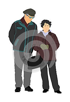 Happy elderly seniors couple together vector isolated on white . Old man person walking without stick. Mature old people active.