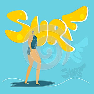 The happy elderly woman, silver senior with serf board and lettering SURF. The wellness old woman want to surf and has photo