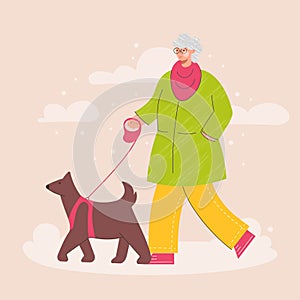 Happy  elderly woman  walking with dog in cold winter park. Walk Your Dog Month.  Outdoor activity with pet. Trendy vector