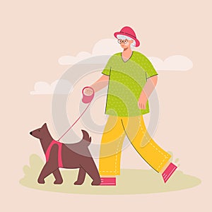 Happy  elderly woman  walking with dog in park. Walk Your Dog Month.  Outdoor activity with pet. Trendy vector illustration in