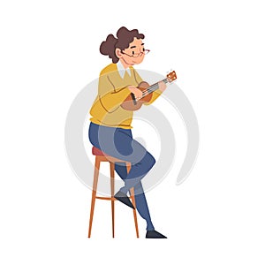 Happy Elderly WomanSitting on Chair Playing Ukulele Musical Instrument Cartoon Style Vector Illustration