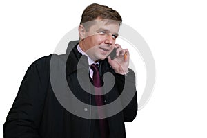 Happy Elegant businessman in violet tie speaks by phone