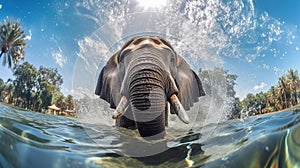 Happy elephant bathing in river. Generative Ai