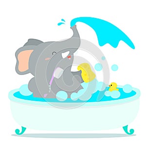 Happy elephant cartoon take a bath in tub .
