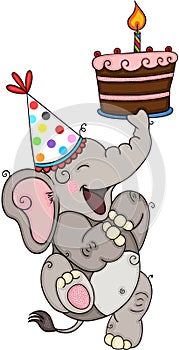 Happy elephant holding a birthday cake