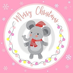 Happy elephant merry christmas with lights on pink pastel background